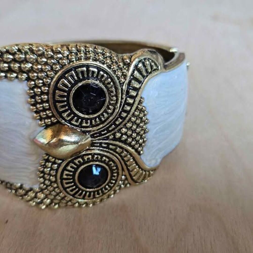 White Enamel & Gold Tone Owl Hinged Cuff Bracelet | Black Rhinestone Eyes